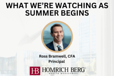 A business seminar graphic titled WHAT WERE WATCHING AS SUMMER BEGINS features a headshot of Ross Bramwell, CFA, Principal, above the Homrich Berg Wealth Management logo.