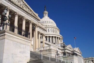 The U.S. Capitol building in Washington, D.C., with its white dome, columns, and steps under a clear blue sky; an American flag flies in the background.