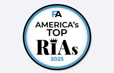 A circular badge with a blue and black border reads FA AMERICAs TOP RIAs 2025 in bold black and blue text. The letter I in RIAs is topped with a black crown.