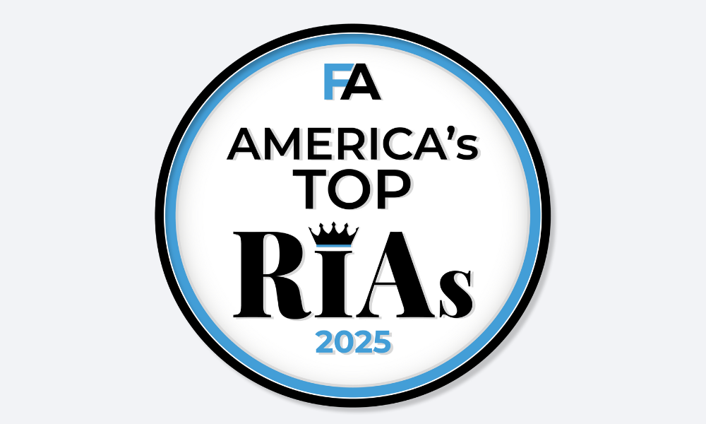 A circular badge with a blue and black border reads FA AMERICAs TOP RIAs 2025 in bold black and blue text. The letter I in RIAs is topped with a black crown.
