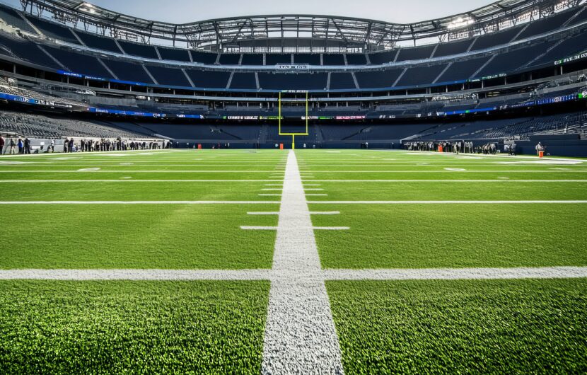 A view from midfield looking toward the end zone in an empty football stadium, with bright green turf and white yard lines under a clear sky.