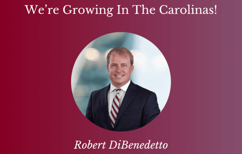 A professional photo of Robert DiBenedetto in a suit and tie, featured on a maroon background with the text: We’re Growing In The Carolinas! Robert DiBenedetto Wealth Advisor, and the Homrich Berg Wealth Management logo.