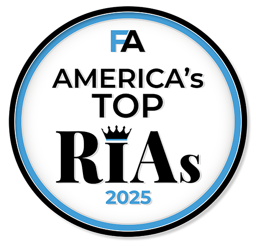 2025_CFPN_FinancialAdvisor_AMERICAS-TOP_RIAS A round badge with a blue and black border reads FA Americas Top RIAs 2025 in bold text, with a crown replacing the dot over the I in RIAs.