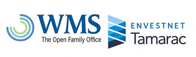 Logos for WMS The Open Family Office and Envestnet Tamarac, featuring abstract circular and geometric blue designs alongside their respective company names.