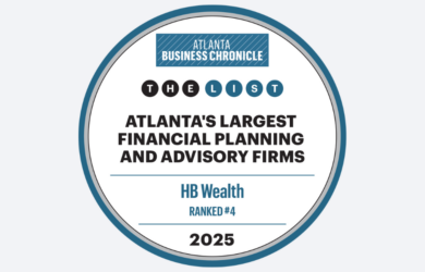 A circular badge reading “Atlanta Business Chronicle: Atlanta’s Largest Financial Planning and Advisory Firms—HB Wealth Ranked #4, 2025,” with blue and black text on a white background.