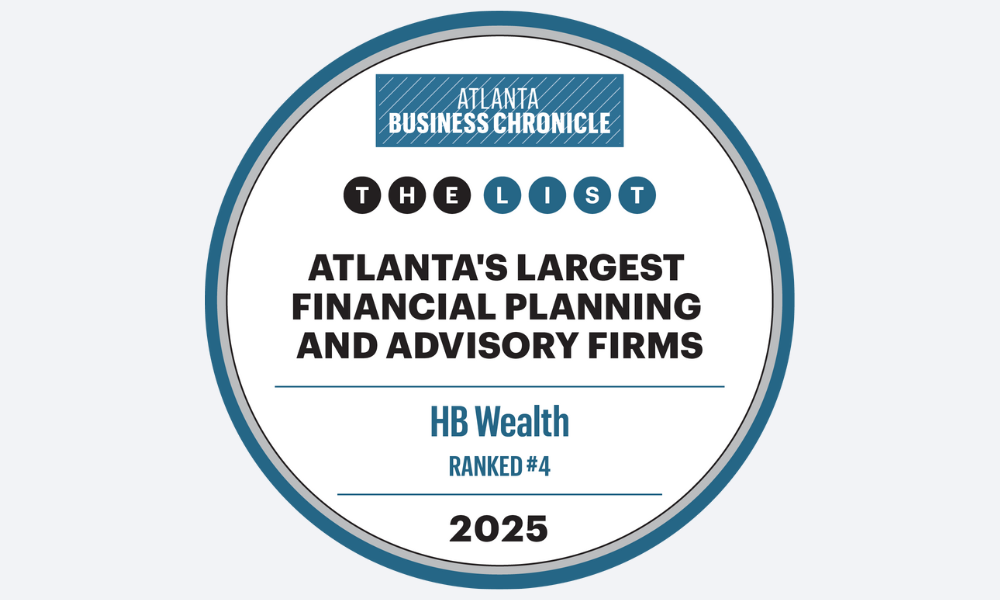 A circular badge reading “Atlanta Business Chronicle: Atlanta’s Largest Financial Planning and Advisory Firms—HB Wealth Ranked #4, 2025,” with blue and black text on a white background.