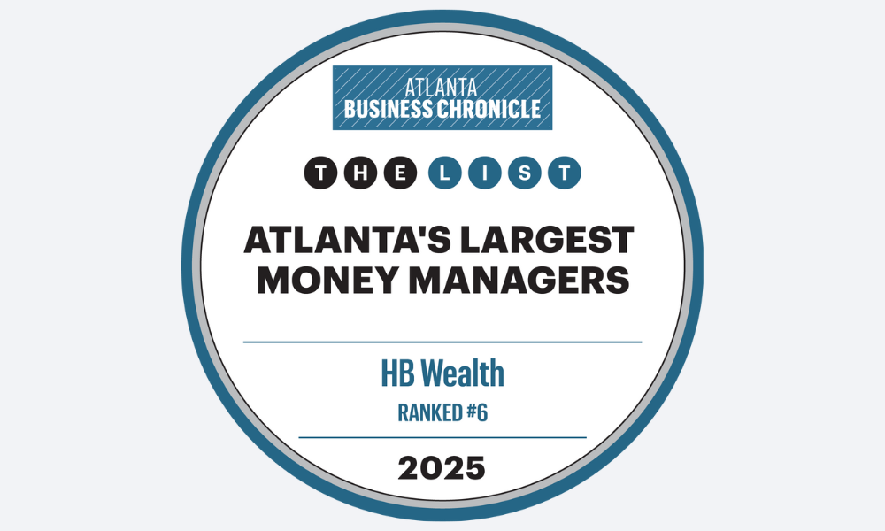 A circular badge with Atlanta Business Chronicle at the top and Atlantas Largest Money Managers: HB Wealth Ranked #6, 2025 in bold text at the center.
