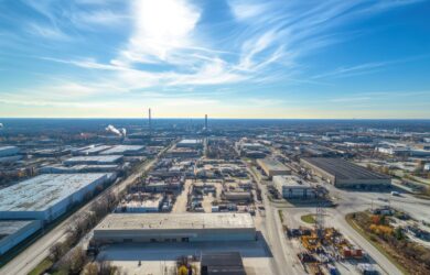 Aerial view of an industrial area with factories, warehouses, and smokestacks under a blue sky with wispy clouds. Roads separate the buildings, and some smoke can be seen rising in the distance.