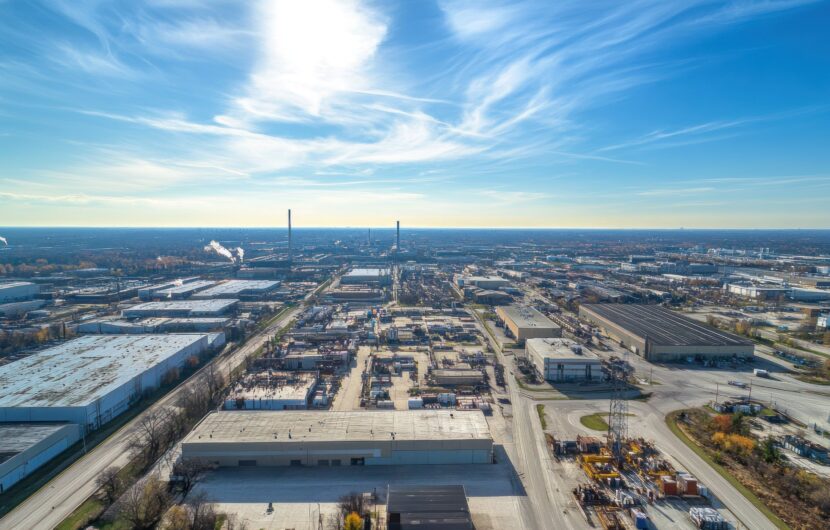 Aerial view of an industrial area with factories, warehouses, and smokestacks under a blue sky with wispy clouds. Roads separate the buildings, and some smoke can be seen rising in the distance.