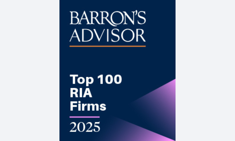 Barron’s Advisor badge with white text reading “Top 100 RIA Firms 2025” on a dark blue background with purple gradient accents.