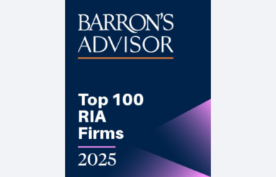 Barrons Advisor badge with text: Top 100 RIA Firms 2025 on a dark blue background with purple geometric shapes.