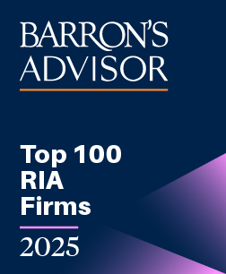 A graphic with the text “BARRON’S ADVISOR,” “Top 100 RIA Firms,” and “2025” on a blue background with purple diagonal gradients in the lower right corner.