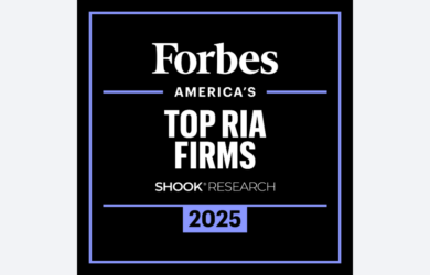 A black square graphic with white and blue text reads: Forbes Americas Top RIA Firms Shook Research 2025. Blue bordering lines frame the text.