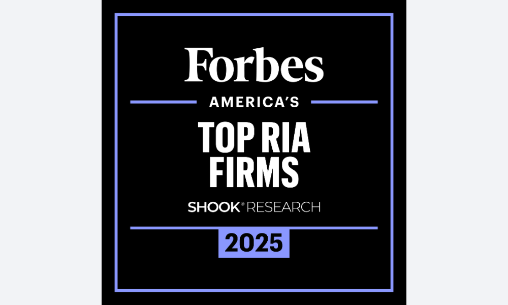 Forbes America’s Top RIA Firms 2025 award graphic, with “Shook Research” written below the main title on a black background bordered by a blue rectangle.