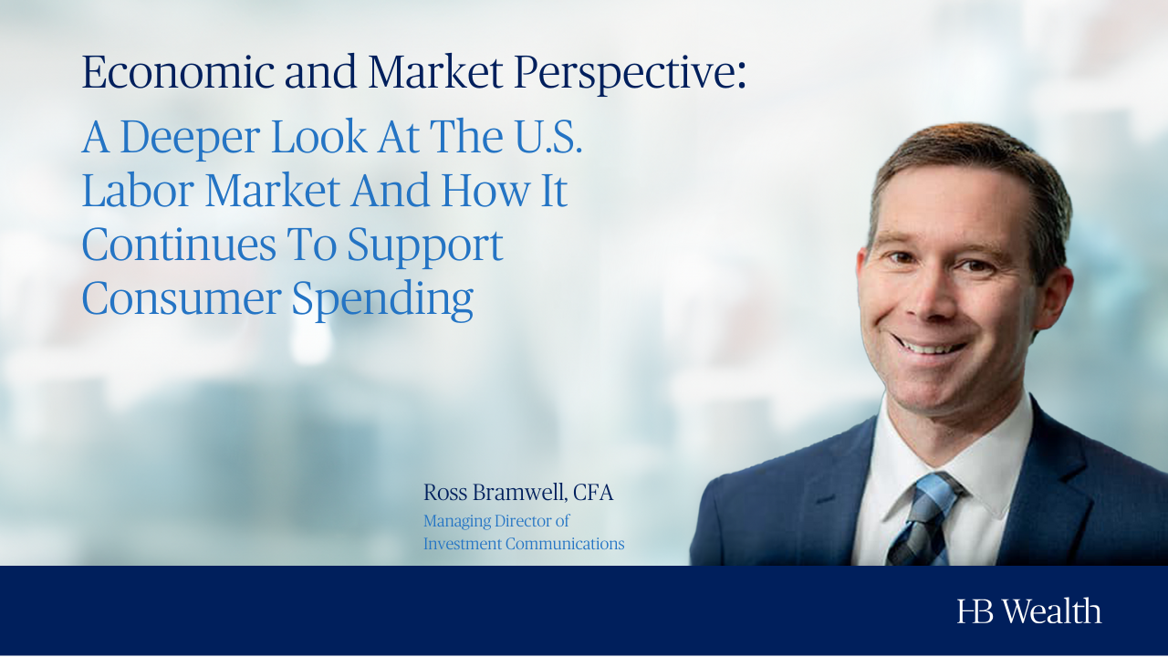 A smiling man in a suit stands in front of a background with text about the U.S. labor market and consumer spending. The text introduces Ross Bramwell, CFA, Managing Director of Investment Communications at HB Wealth.