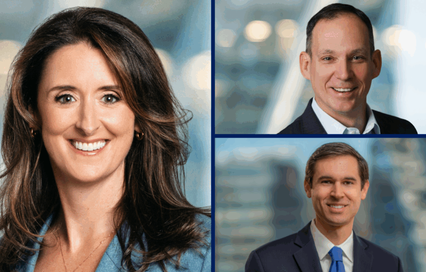 A collage of three professionally dressed people: a smiling woman with long brown hair on the left, and two smiling men in suits on the right, each shown in separate portrait frames with blurred office backgrounds.