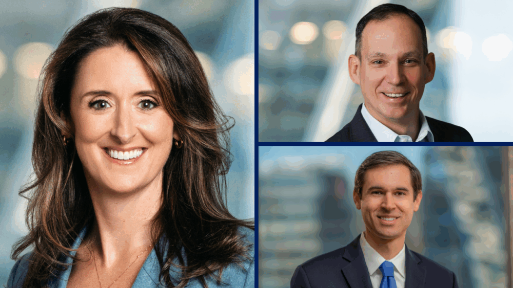 A collage of three professionally dressed people: a smiling woman with long brown hair on the left, and two smiling men in suits on the right, each shown in separate portrait frames with blurred office backgrounds.