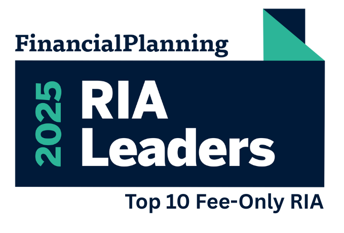 A graphic with the text “Financial Planning 2025 RIA Leaders, Top 10 Fee-Only RIA” in bold white and teal letters on a dark blue background, with a geometric teal and navy design in the top right corner.