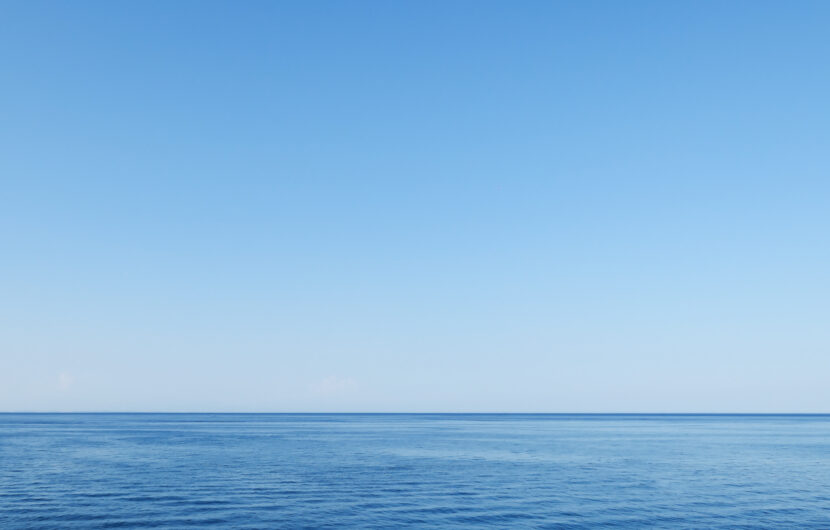 A calm, blue ocean stretches to the horizon under a clear, cloudless sky, creating a peaceful and serene seascape.