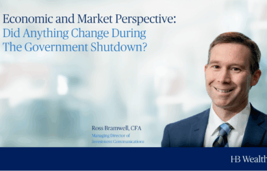 A smiling man in a suit appears next to the text: “Economic and Market Perspective: Did Anything Change During The Government Shutdown?” with “Ross Bramwell, CFA” and “HB Wealth” at the bottom.