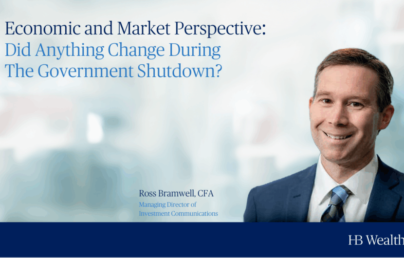 A smiling man in a suit appears next to the text: “Economic and Market Perspective: Did Anything Change During The Government Shutdown?” with “Ross Bramwell, CFA” and “HB Wealth” at the bottom.