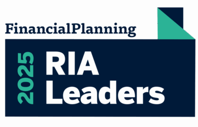 A graphic with the text Financial Planning 2025 RIA Leaders in bold, modern fonts on a navy blue and teal background with a folded-corner design in the top right corner.