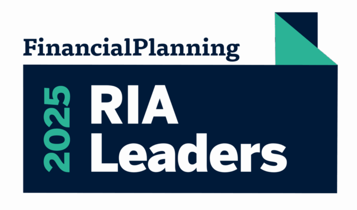 A graphic with the text Financial Planning 2025 RIA Leaders in bold, modern fonts on a navy blue and teal background with a folded-corner design in the top right corner.