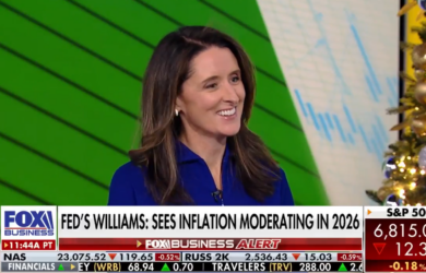 A woman in a blue top smiles while being interviewed on Fox Business. The headline reads, FEDS WILLIAMS: SEES INFLATION MODERATING IN 2026. Stock ticker information is displayed at the bottom of the screen.