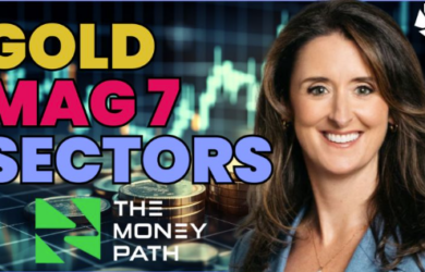 A smiling woman in a blazer stands in front of a digital financial chart with coin stacks. Bold text reads GOLD MAG 7 SECTORS and The Money Path with a green logo in the bottom left corner.