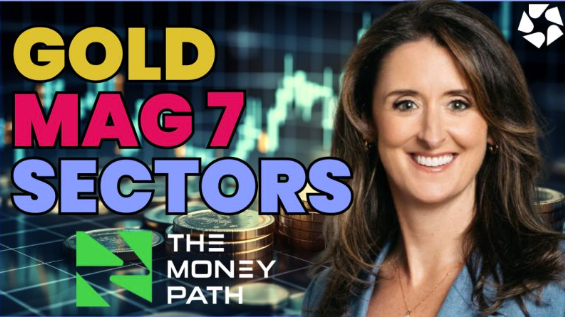 A smiling woman in a blazer stands in front of a digital financial chart with coin stacks. Bold text reads GOLD MAG 7 SECTORS and The Money Path with a green logo in the bottom left corner.