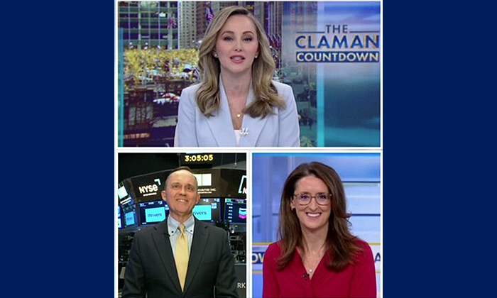 A news broadcast split-screen shows a blonde female anchor at the top, with The Claman Countdown logo behind her. Below, a smiling man stands at the NYSE, and a woman with glasses sits in front of a blue background.