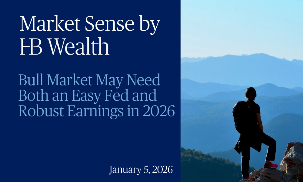A person with a backpack stands on a rocky peak, overlooking layers of blue mountains. Text reads: “Market Sense by HB Wealth. Bull Market May Need Both an Easy Fed and Robust Earnings in 2026. January 5, 2026.”.