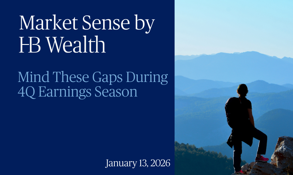 A person with a backpack stands on a mountain ledge overlooking distant hills. Text reads: Market Sense by HB Wealth. Mind These Gaps During 4Q Earnings Season. January 13, 2026.