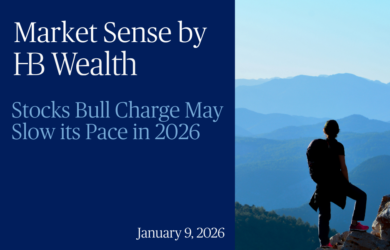 A person stands on a mountain peak, looking over blue hills. Text reads: Market Sense by HB Wealth. Stocks Bull Charge May Slow its Pace in 2026. January 9, 2026.