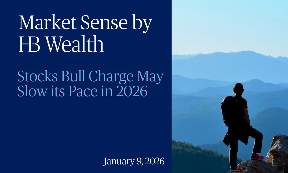 A person stands on a mountain peak, looking over blue hills. Text reads: Market Sense by HB Wealth. Stocks Bull Charge May Slow its Pace in 2026. January 9, 2026.