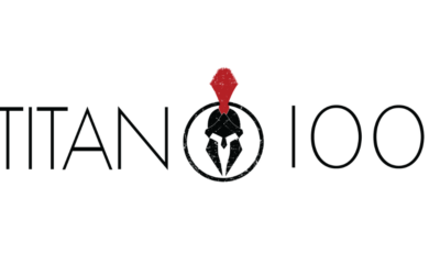 The image displays the text TITAN 100 in black with a stylized Spartan helmet in a black circle replacing the second O. The helmet has a red crest on top. The background is white.