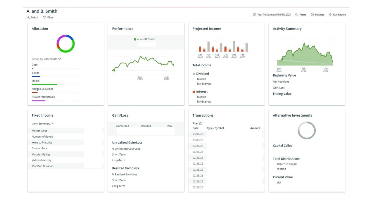 A financial dashboard displays allocation, performance graphs, projected income, activity summary, fixed income, gain/loss, transactions, and alternative investments for A. and B. Smith, with various charts and tables.