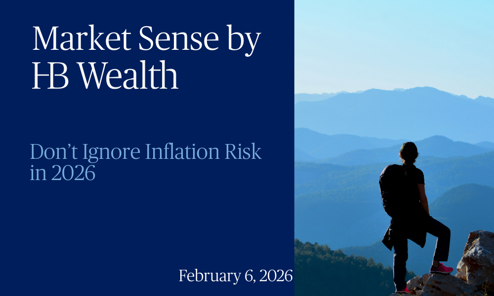 A person stands on a mountain overlooking a scenic, misty landscape. Beside them, text reads: Market Sense by HB Wealth. Don’t Ignore Inflation Risk in 2026. February 6, 2026.