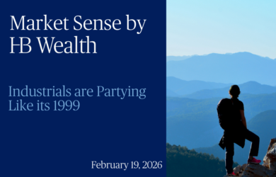 A person stands on a rocky outcrop overlooking mountains under a blue sky. On a blue panel, text reads: Market Sense by HB Wealth. Industrials are Partying Like its 1999. February 19, 2026.