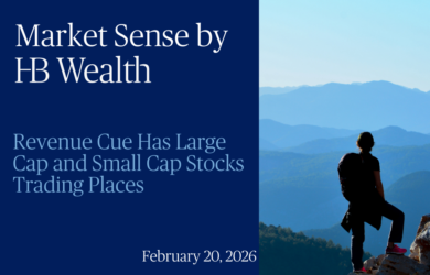 A person stands on a mountain peak overlooking layers of blue hills, next to a blue panel with text: Market Sense by HB Wealth. Revenue Cue Has Large Cap and Small Cap Stocks Trading Places. February 20, 2026.