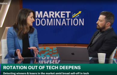 Two people sit at a news desk discussing Rotation Out of Tech Deepens on Yahoo Finances Market Domination, with a blue background and a laptop and coffee cup on the table.