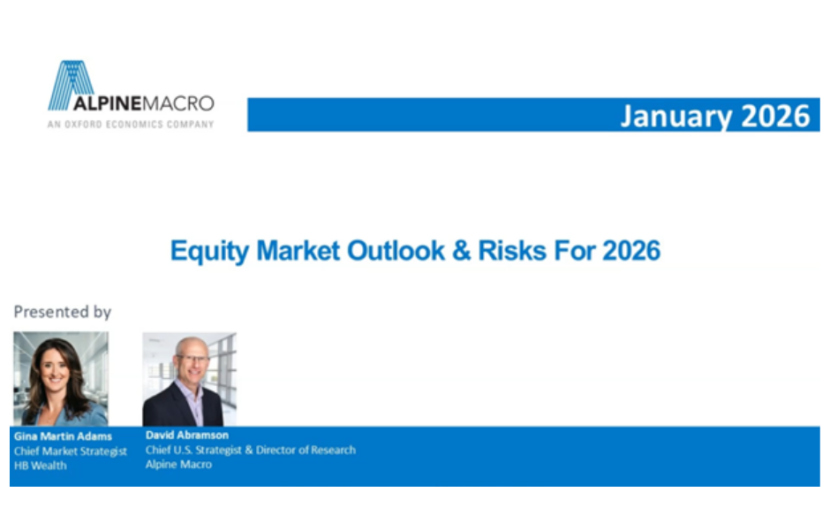 Presentation slide titled Equity Market Outlook & Risks For 2026 by Alpine Macro, dated January 2026, with photos of presenters Gina Martin Adams and David Abramson and their titles.