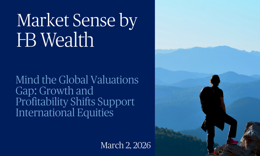 A person stands on a mountain ledge overlooking blue-hued hills at sunrise, beside a blue box with the text: Market Sense by HB Wealth. Mind the Global Valuations Gap: Growth and Profitability Shifts Support International Equities. March 2, 2026.