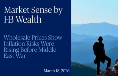 A person stands on a rocky ledge overlooking blue mountains under a clear sky. Text on the left reads: “Market Sense by HB Wealth. Wholesale Prices Show Inflation Risks Were Rising Before Middle East War. March 18, 2026.”.