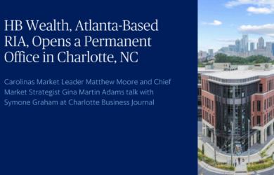 Announcement for HB Wealth’s new permanent office in Charlotte, NC, with a photo of a modern office building and the Charlotte city skyline in the background.