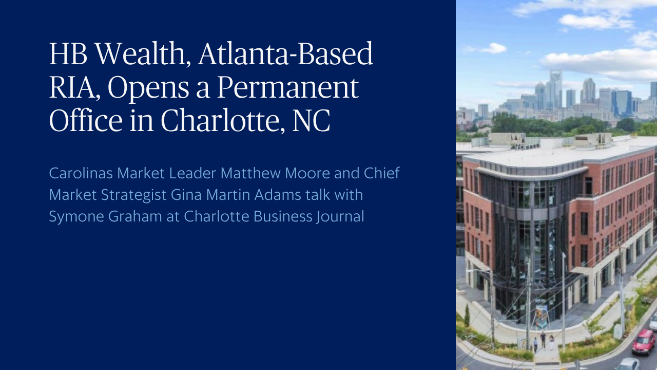 Announcement for HB Wealth’s new permanent office in Charlotte, NC, with a photo of a modern office building and the Charlotte city skyline in the background.