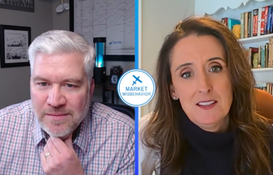 A man and a woman are speaking in a split-screen video call. The man has gray hair and a beard and is wearing a plaid shirt; the woman has long brown hair and is wearing a dark top. Market Misbehavior is written in the center.