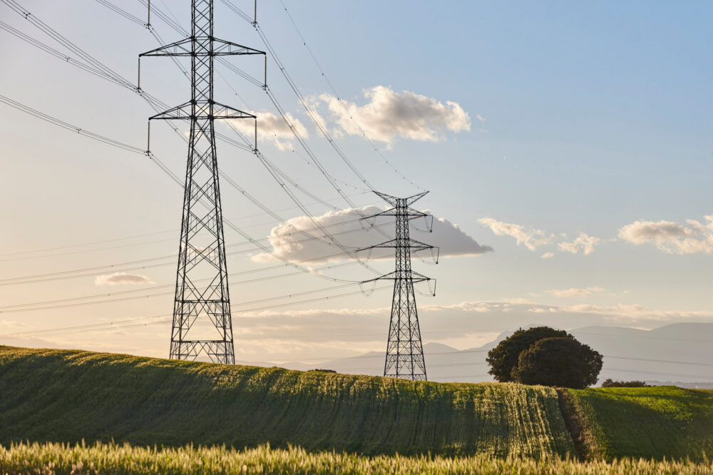 Tall electricity pylons with power lines stretch across a green field under a blue sky with scattered clouds; trees and distant mountains are visible in the background.