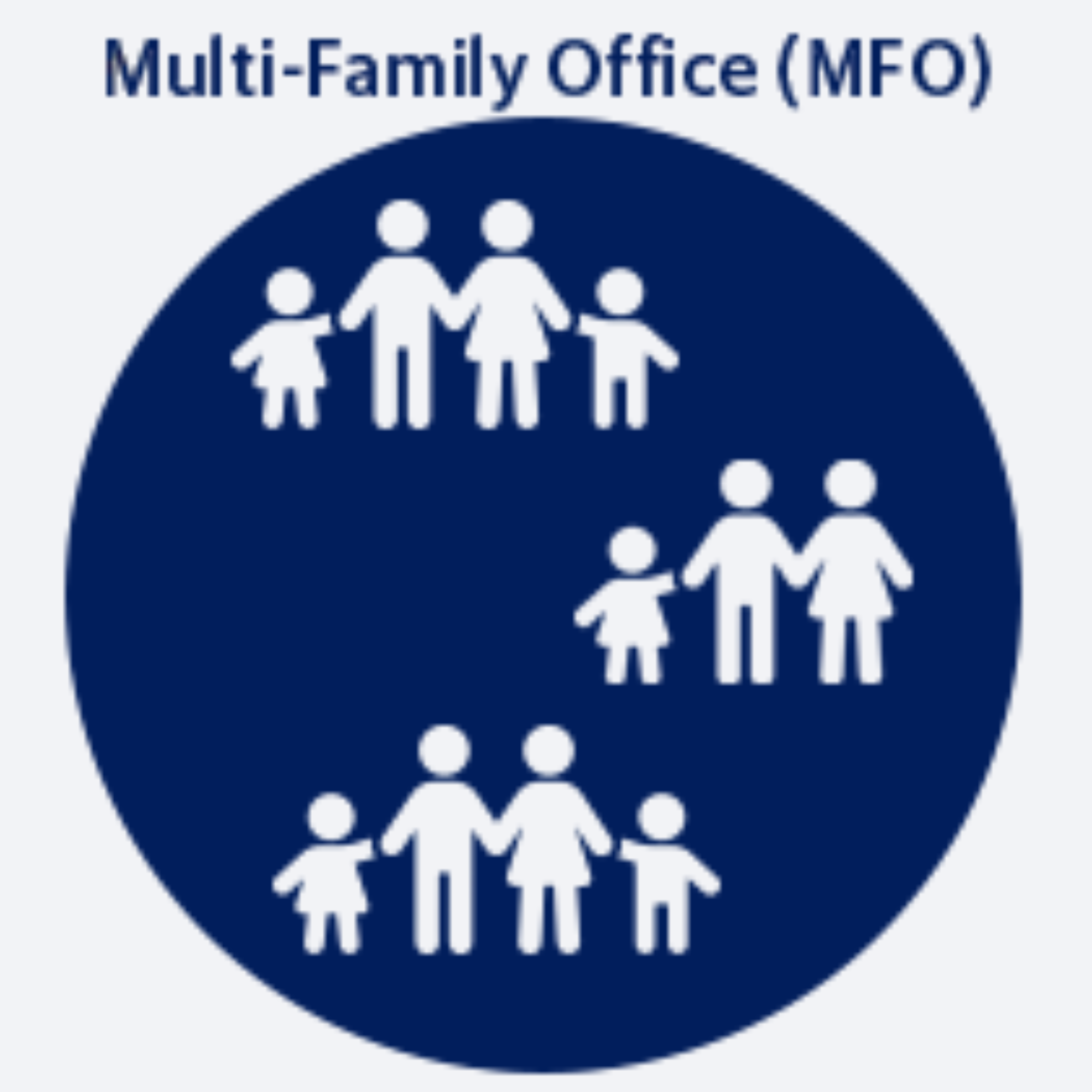 White icons of three families with children inside a dark blue circle, representing a multi-family office (MFO). The text Multi-Family Office (MFO) appears above the circle.