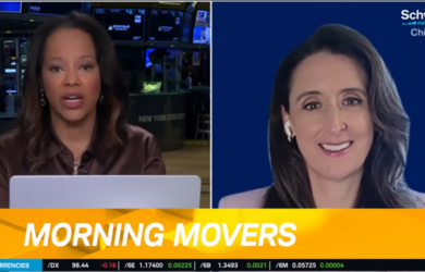 Two women are shown in a split-screen news broadcast. The left side shows an anchor in a newsroom with monitors behind her, while the right side shows a smiling woman with a blue background labeled Schwab Chief Mar. The headline reads MORNING MOVERS.
